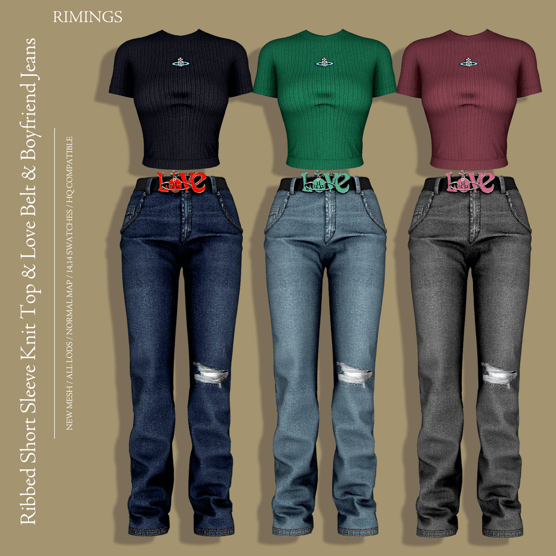 Скриншот мода Сет одежды Ribbed Knit Top & Love Belt & Boyfriend Jeans